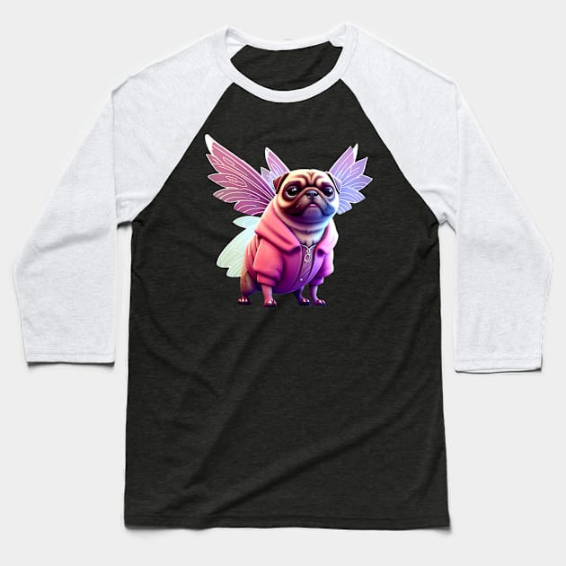 Cute Pug in Pink Fairy Costume - Adorable Dog in Whimsical Pink Fairy Outfit Baseball T-Shirt by fur-niche